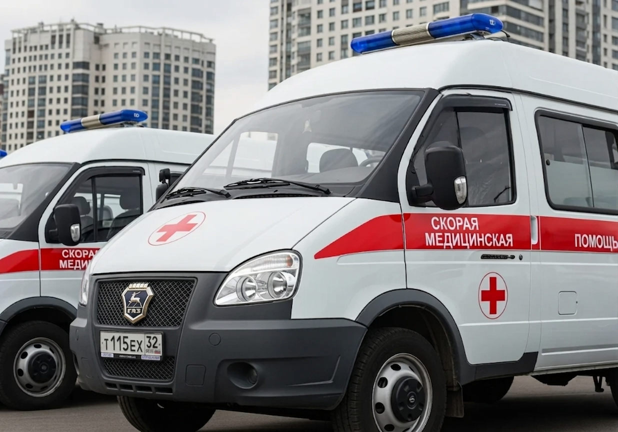 Две машины скорой медицинской помощи крупным планом на фоне города — междугородняя перевозка больных, лежачих и инвалидов.