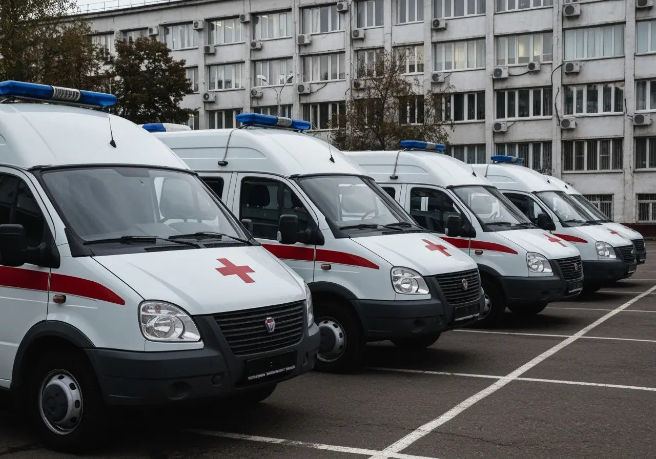 Ряд белых машин скорой помощи с красным крестом и синими маячками у медучреждения — медицинская перевозка больных.